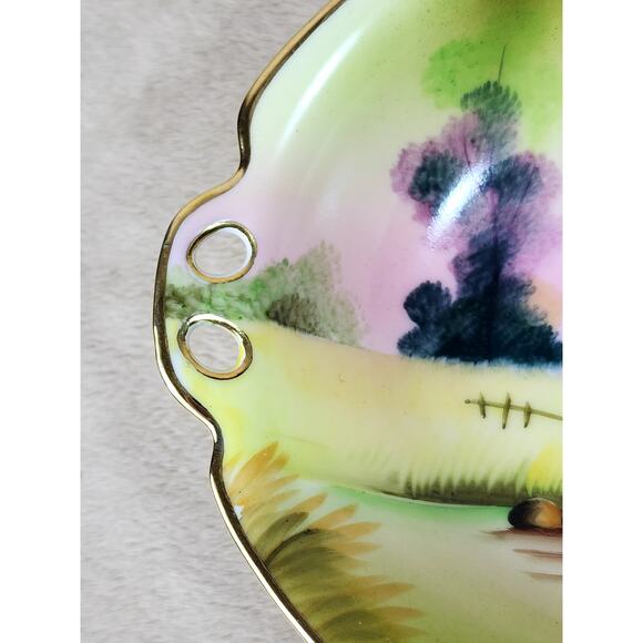 Rare Meito China Bowl Dish 7" Hand Painted Gold Trim Double Handle 1930 Japan - Picture 8 of 15